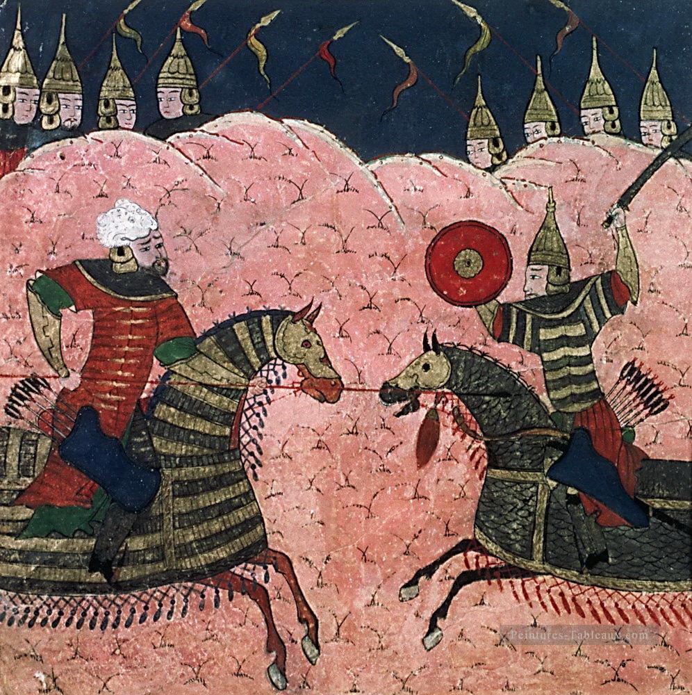 Ecole mongole perse Peinture Deux guerriers combattant l’agression religieuse Islam Peintures à l'huile